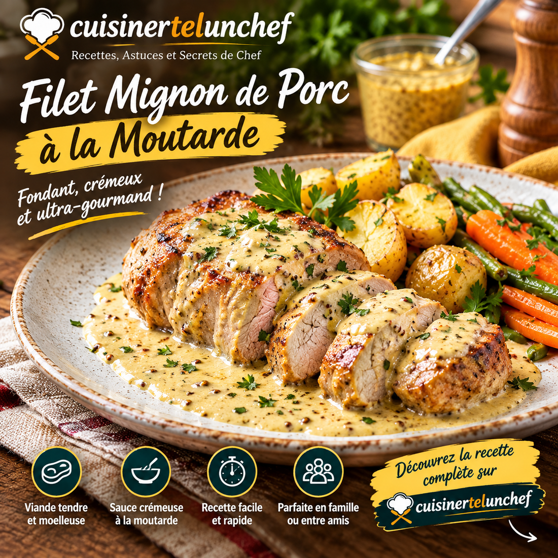 Filet mignon de porc à la moutarde et à la crème, servi avec purée et champignons, signature cuisinertelunchef