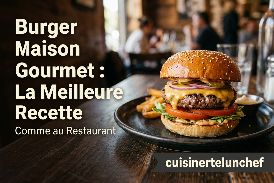 Burger maison au bœuf, cheddar, tomate et laitue dans un pain au sésame, avec titre de la recette et signature cuisinertelunchef.