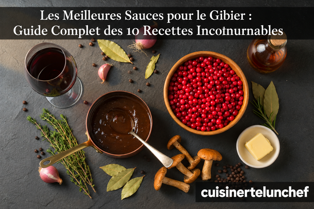 Sauce brune en casserole, fruits rouges, champignons et aromates, avec le titre du guide des dix sauces pour gibier et la signature cuisinertelunchef.