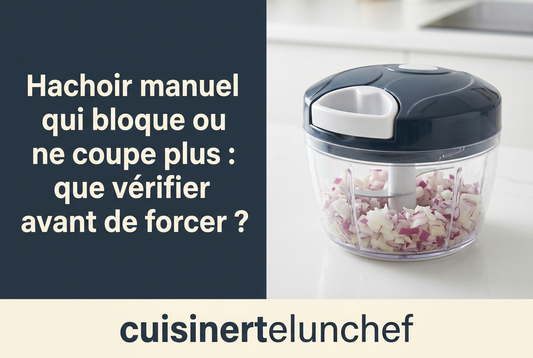 Hachoir manuel fermé avec oignons, titre « Hachoir manuel qui bloque ou ne coupe plus : que vérifier avant de forcer ? » et signature cuisinertelunchef.