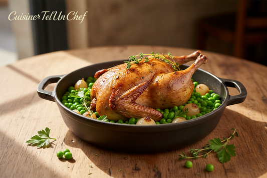 « Pigeon doré aux petits pois et aux oignons, servi en cocotte sur une table rustique, avec la signature CuisinerTelUnChef. »