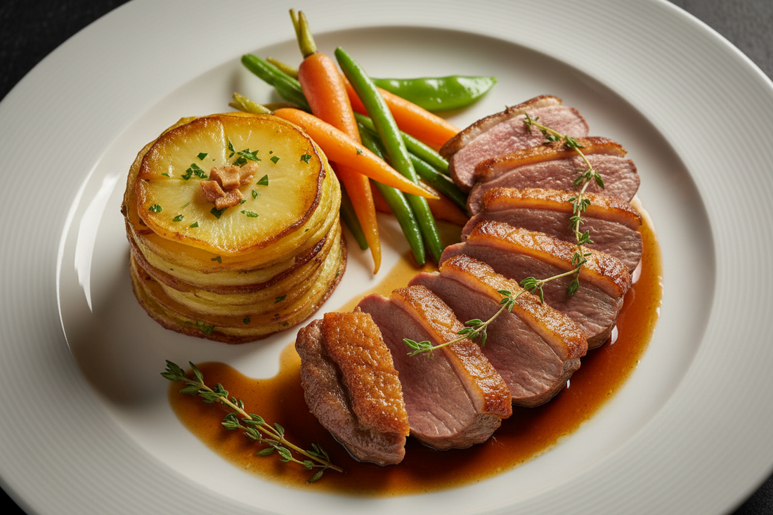 Magret de Canard aux Pommes de Terre Sarladaises et Légumes Croquants