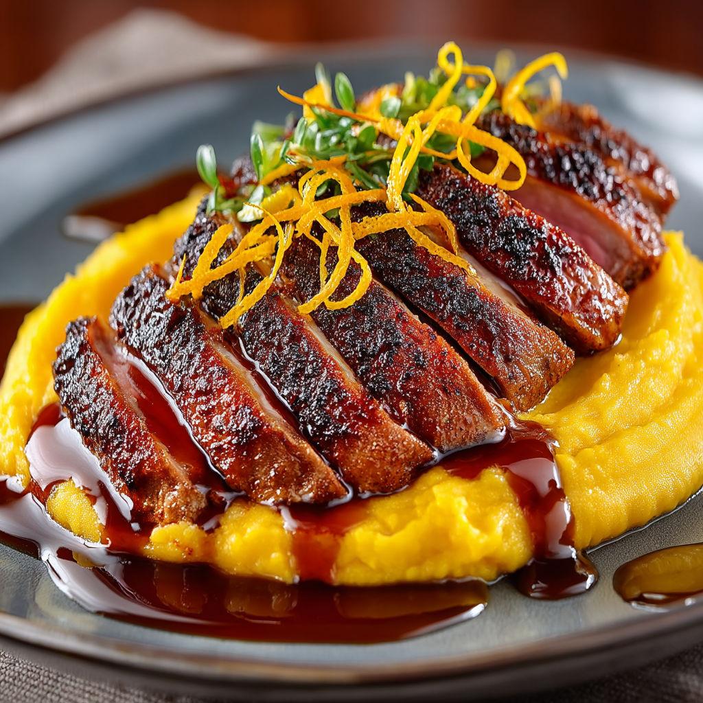 Magret de canard rosé tranché, peau dorée croustillante, sauce miel-orange et purée de patates douces au parmesan, CuisinerTelUnChef
