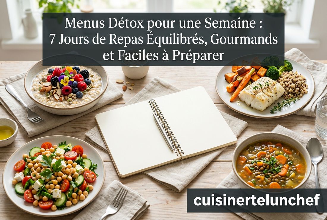 Planificateur de repas entouré de porridge aux fruits, de poisson aux légumes, de salade de pois chiches et de soupe.