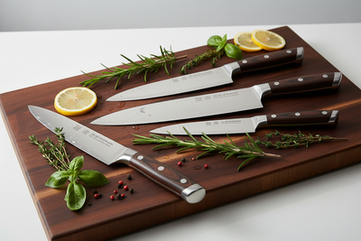 Set de couteaux de cuisine professionnels en acier inoxydable japonais sur planche en bois avec herbes fraîches