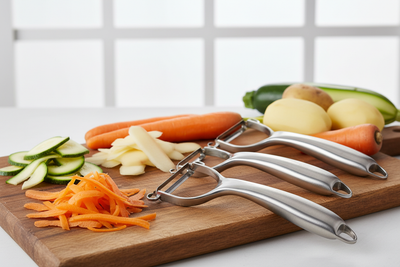 Éplucheurs et économes ergonomiques en acier inoxydable avec légumes fraîchement épluchés sur planche en bois