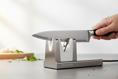 Aiguiseur de couteaux professionnel en acier inoxydable et céramique avec couteau de chef en cours d'affûtage