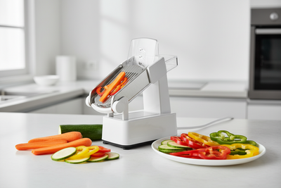 Coupe-légumes manuel multifonction en acier inoxydable avec légumes colorés tranchés sur plan de travail de cuisine