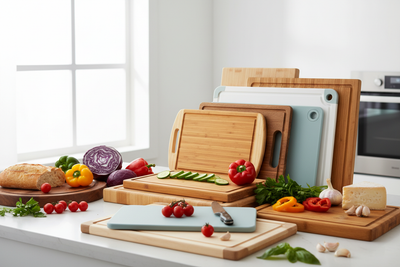 Planches à découper en bois, bambou et plastique de différentes tailles avec légumes frais sur plan de travail de cuisine