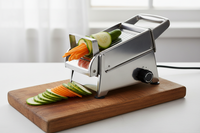 Mandoline de cuisine professionnelle en acier inoxydable avec légumes finement tranchés sur planche en bois
