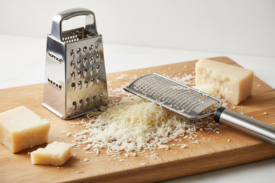 Râpe à fromage rotative et plane professionnelles en acier inoxydable avec parmesan et gruyère fraîchement râpés