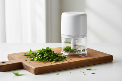 Hachoir manuel compact en acier inoxydable avec herbes fraîches hachées sur une planche en bois
