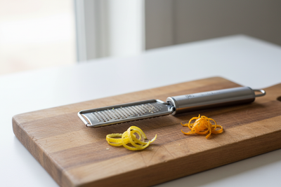 Zesteur à canal et microplane en acier inoxydable avec zestes de citron et d'orange fraîchement prélevés
