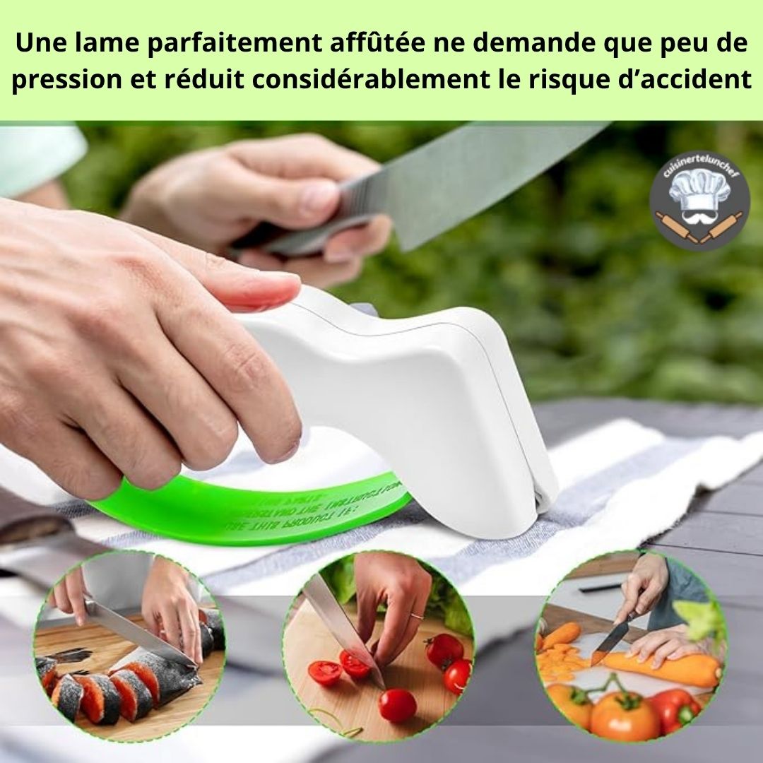 Aiguiseur de poche en action, couteau affûté rapidement en quelques passages