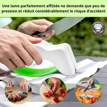 Aiguiseur de poche en action, couteau affûté rapidement en quelques passages