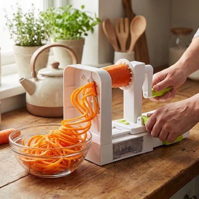 Spiraliseur à manivelle en action, spirales de légumes fines et régulières