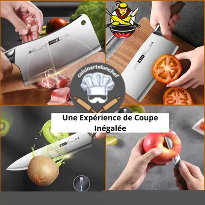 Set complet couteaux japonais professionnels en action, découpe précise et efficace