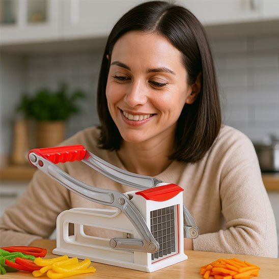 Coupe-frites lames inox interchangeables, frites fines style fast-food ou épaisses rustiques