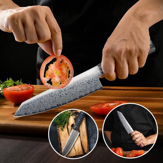 Couteau Damas lame forgée en action, découpe précise viandes et légumes
