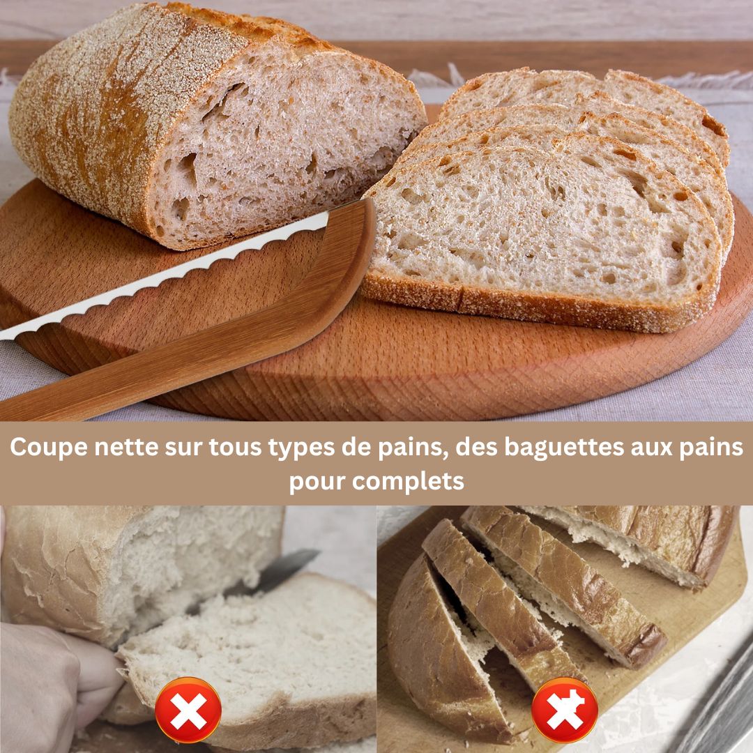 Couteau pain lame dentelée en action, tranche baguettes, brioches et pains artisanaux sans effort