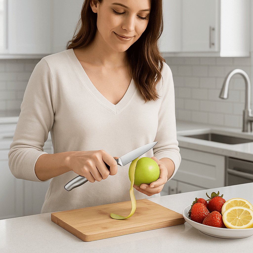 Couteau office manche inox en action, épluche, taille et cisèle fruits et légumes finement