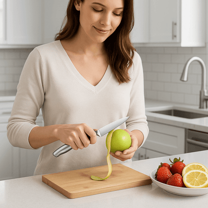 Couteau office manche inox en action, épluche, taille et cisèle fruits et légumes finement