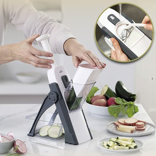 Mandoline grise multifonction, rangement facile et usage quotidien en cuisine