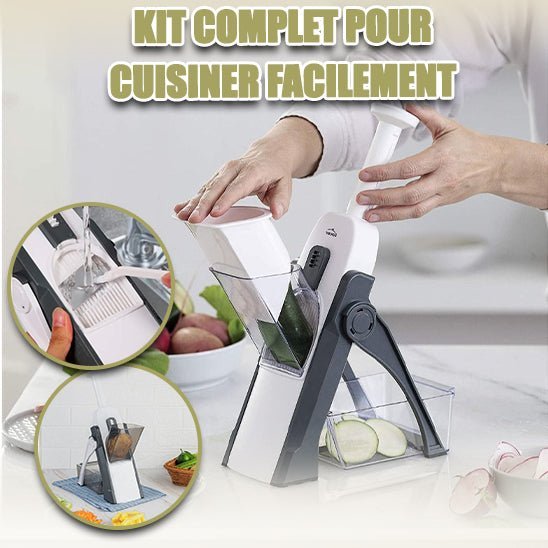 Mandoline cuisine compacte grise en action, tranchage sécurisé et polyvalent