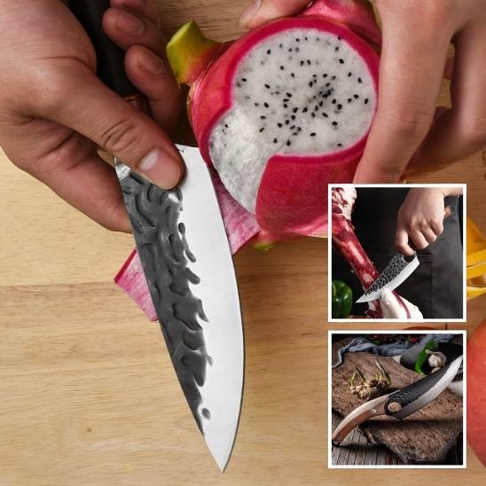 Set duo couteaux japonais désosseur en action, découpe nette et efficace