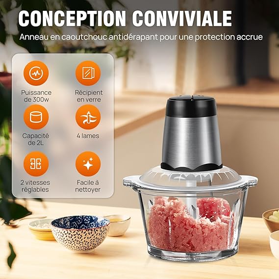 hachoir a viande electrique - avec bol en verre 2L - cuisinertelunchef