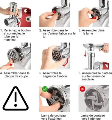 Hachoir électrique noir en action, viandes et légumes hachés en quelques secondes