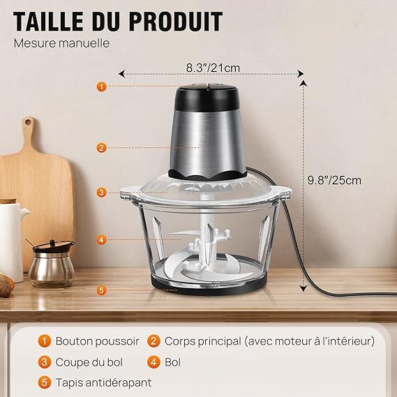 Mini Hachoir - avec bol en verre 2L - cuisinertelunchef