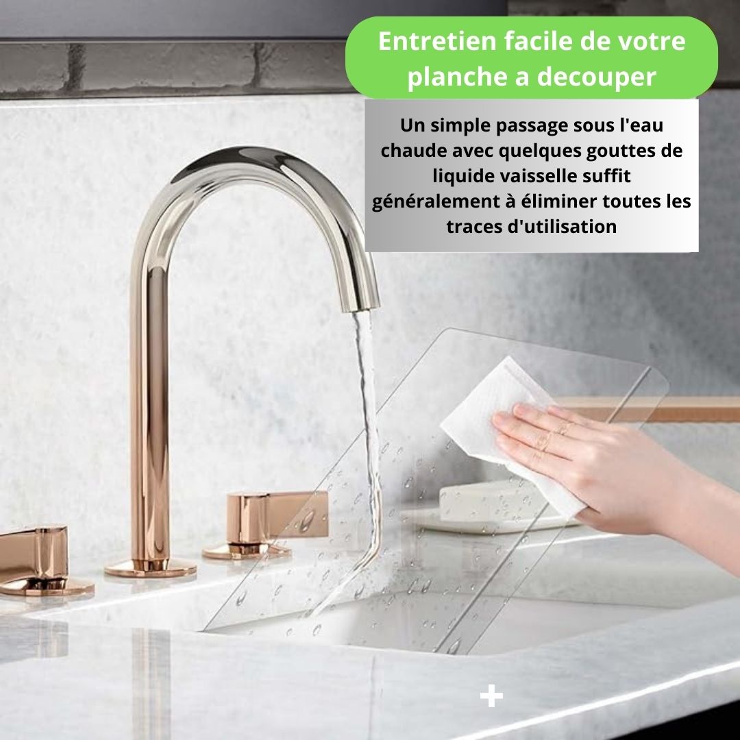 Planche acrylique transparente avec rainure jus, découpe viandes et fruits sans éclaboussures