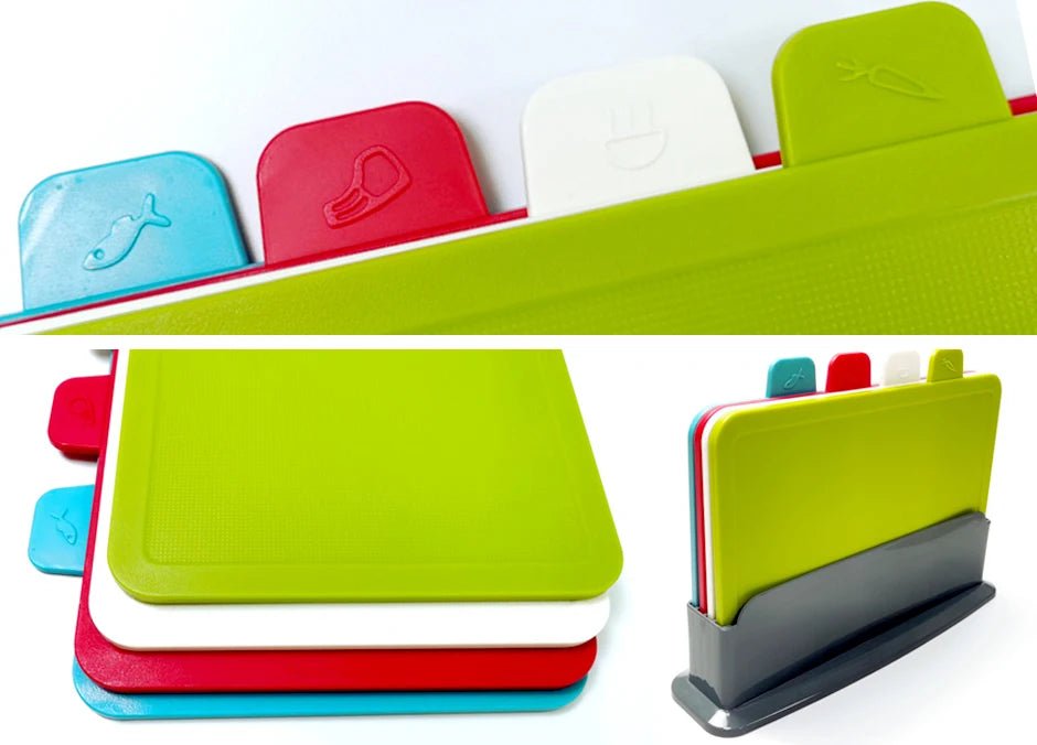Set 4 planches code couleur empilables, rangement compact et organisation parfaite en cuisine