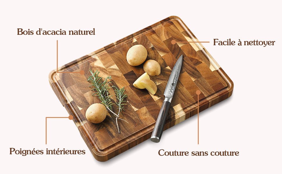 Planche acacia avec rainure anti-jus, découpe viandes et fruits sans éclaboussures