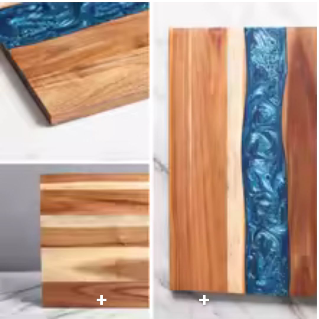 Planche à découper bois décor résine bleue, coulées de résine époxy pour un effet unique