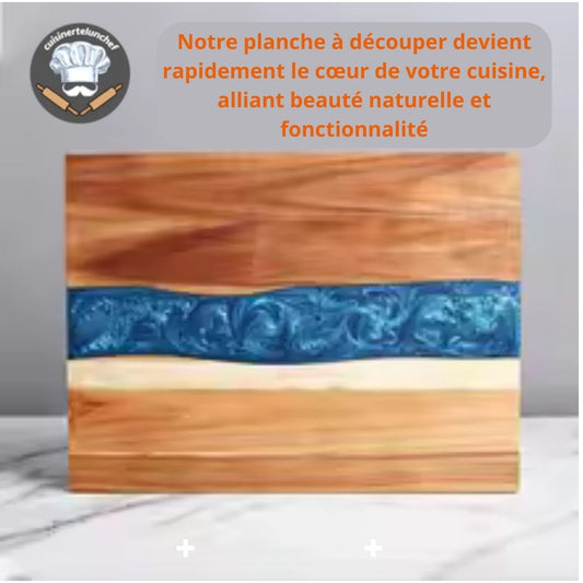planche a decouper bois - decor resine bleu - cuisinertelunchef
