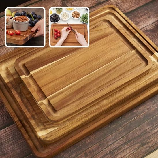 Planche bois naturel avec rainure, idéale pour viandes, volailles et fruits juteux
