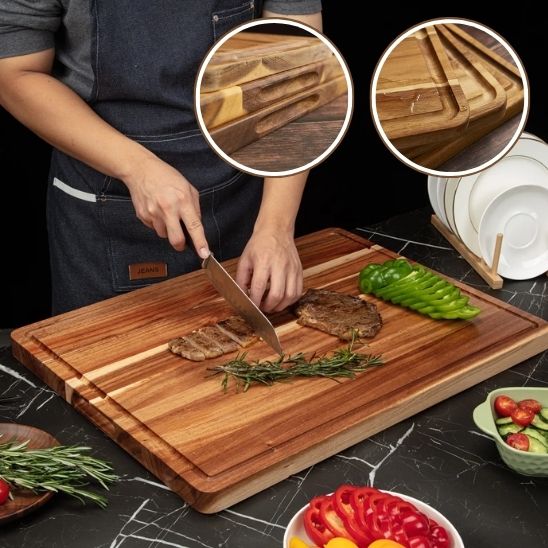 Planche à découper bois naturel avec rainure anti-jus, découpe viandes sans éclaboussures