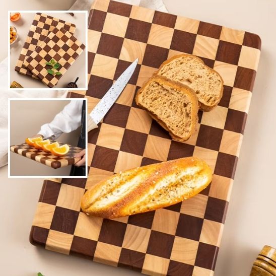 Planche à découper bois damier polyvalente, découpe et présentation en un seul accessoire