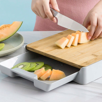 Planche à découper bois avec tiroir, rangement pratique pour couteaux et accessoires