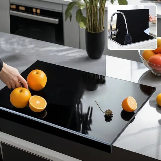 Planche à découper noire acrylique avec rebord, idéale pour viandes et poissons