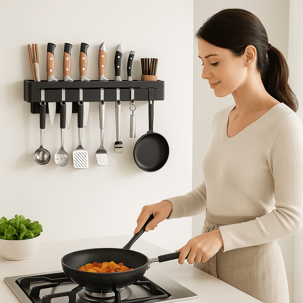 Porte couteaux multifonctionnel en situation, couteaux et ustensiles rangés et accessibles
