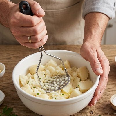 Presse-purée professionnel, manche ergonomique et grille inox solide
