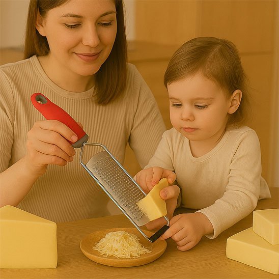 Râpe à fromage en action, résultat fin et homogène