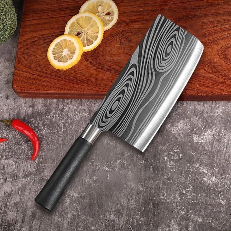 Set couteaux Santoku japonais en action, découpe précise viandes et légumes