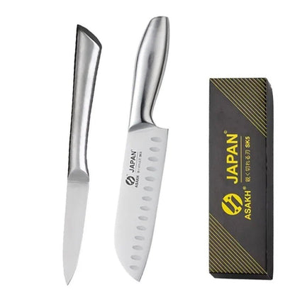 Set couteaux manche inox en action, découpe précise et hygiénique de chaque aliment