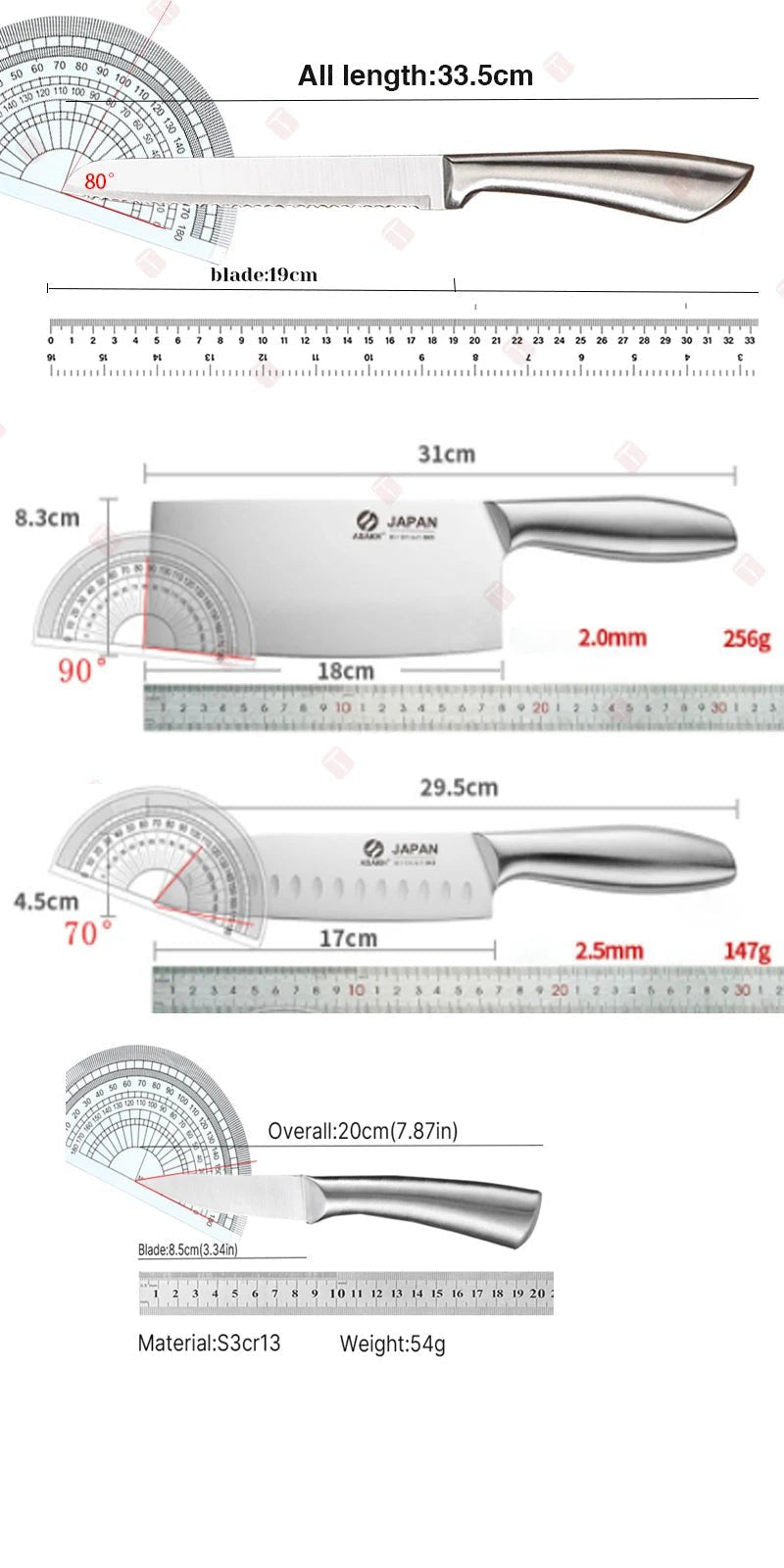 Set couteaux manche inox hygiénique, facile à désinfecter pour cuisine professionnelle