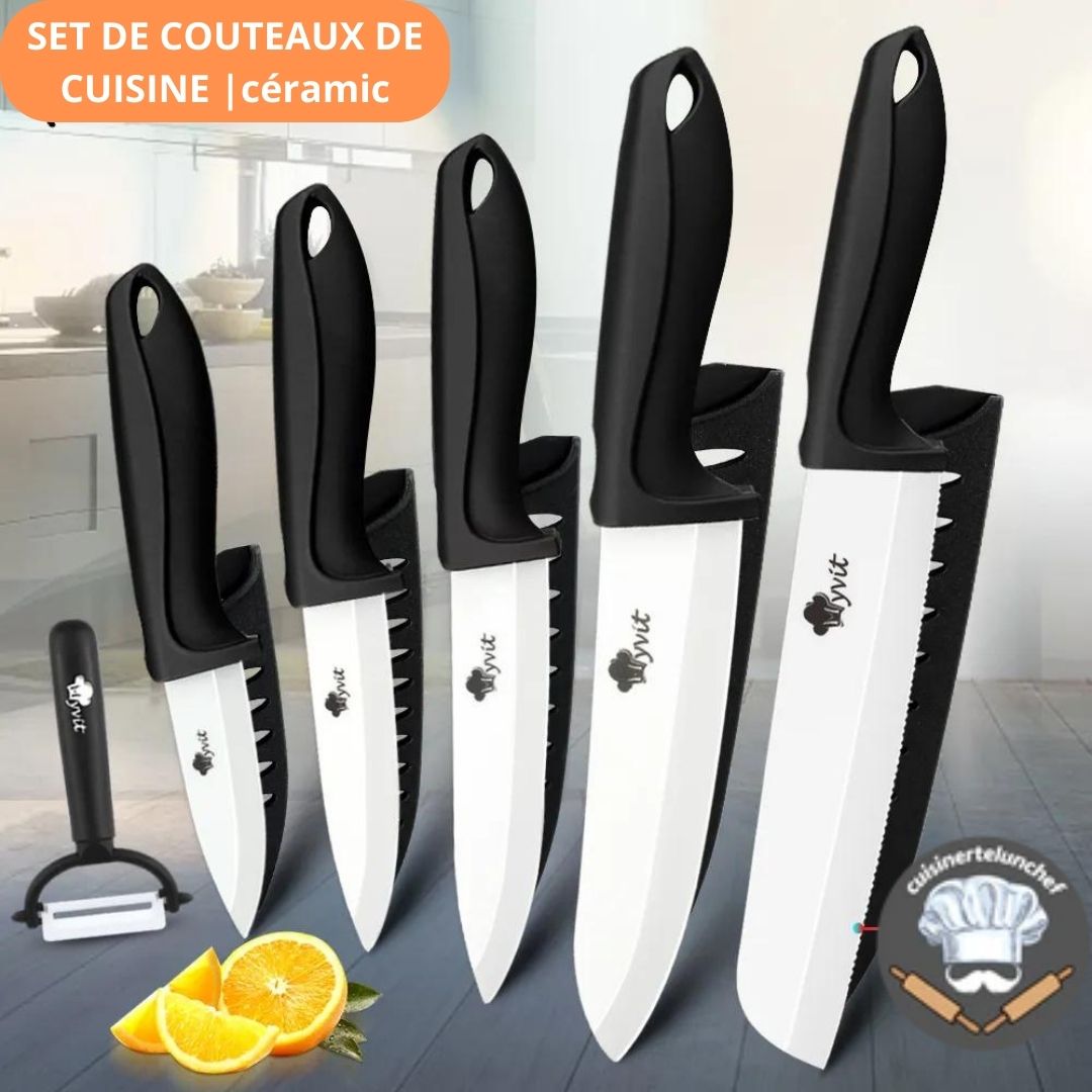 Set couteaux cuisine céramique, lames légères et tranchantes pour découpe précise