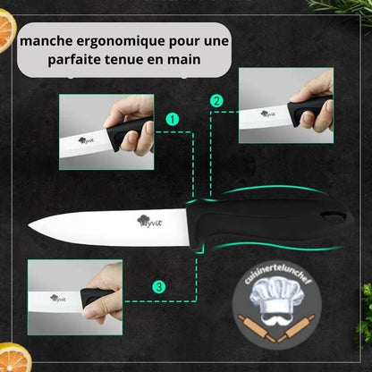 Set couteaux céramique en action, découpe nette et légère pour cuisine quotidienne